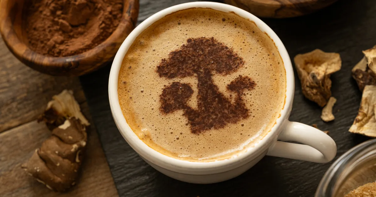 A steaming cup of coffee surrounded by medicinal mushrooms in a natural setting